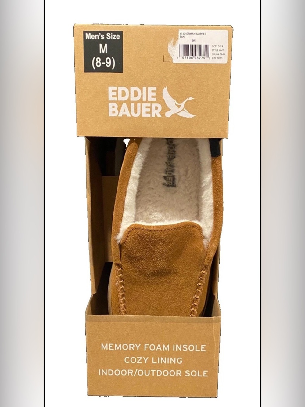 Eddie Bauer Men’s Sherman Slipper Tan Memory Foam Suede Cozy Liner M 8-9